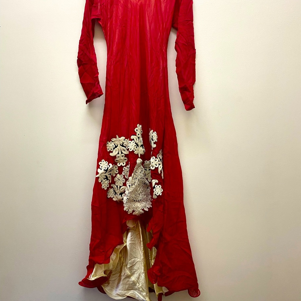 Red chiffon Hi Low Anarkali Kurta with satin lining. Dressy with very snug fit. - Picture 2 of 2